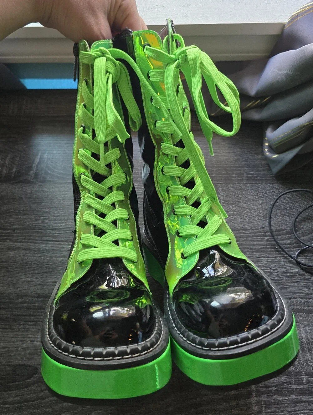 Demonia Emily 350 Neon Green UV Reactive Wrapped Platform Mid-Calf Platforms